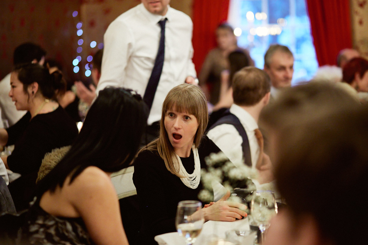 Funny wedding photo of a shocked guest at The Bell pub in Ticehurst