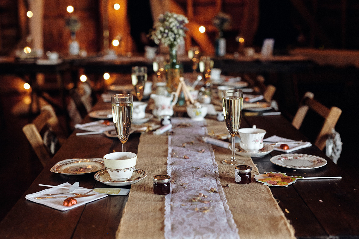 Beautiful table settings at wedding at Great Barn in Rolvenden Kent